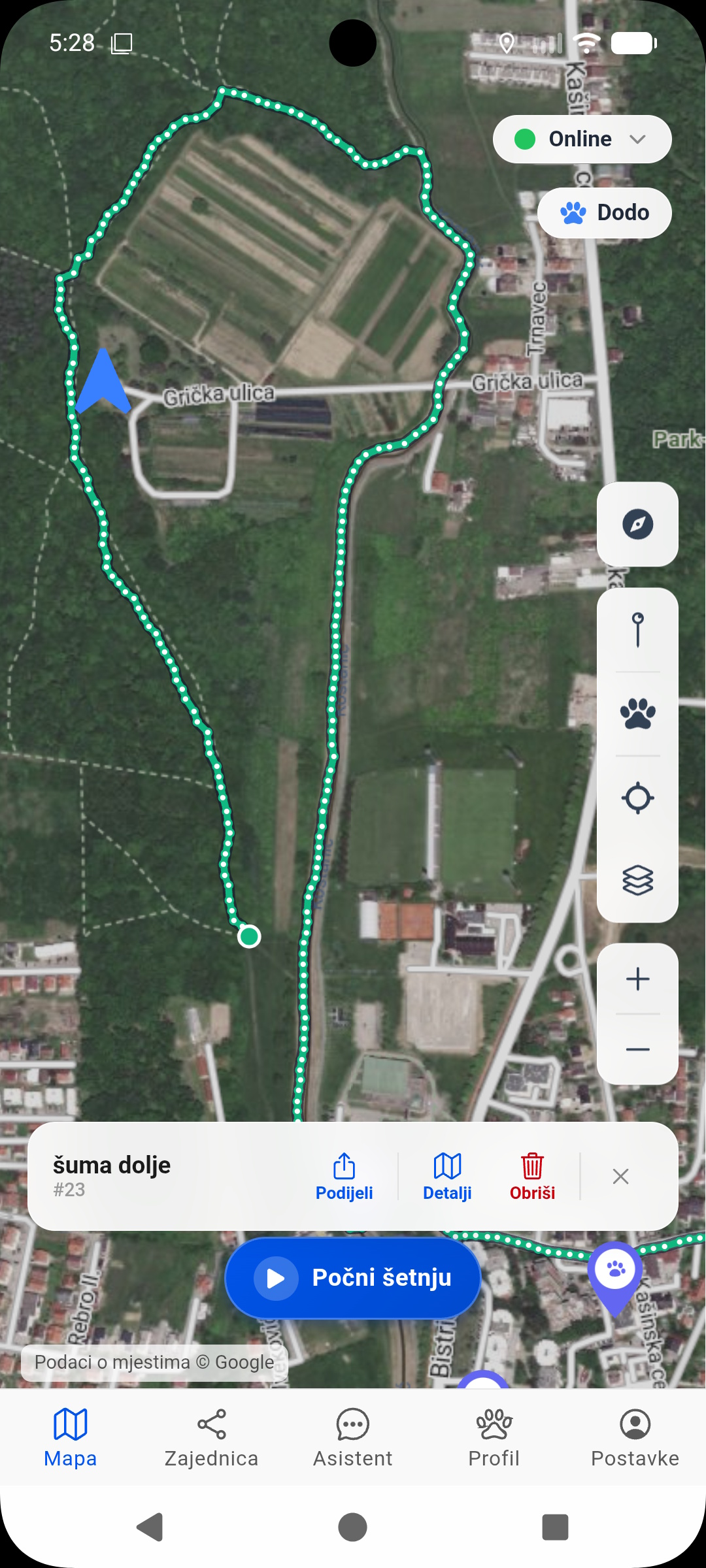 Prikaz GPS praćenja rute u aplikaciji